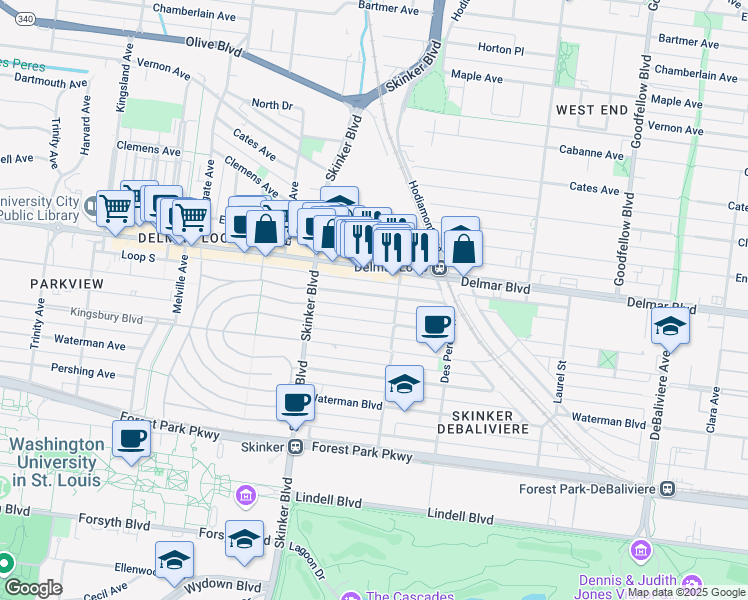 map of restaurants, bars, coffee shops, grocery stores, and more near 6117 Westminster Place in St. Louis