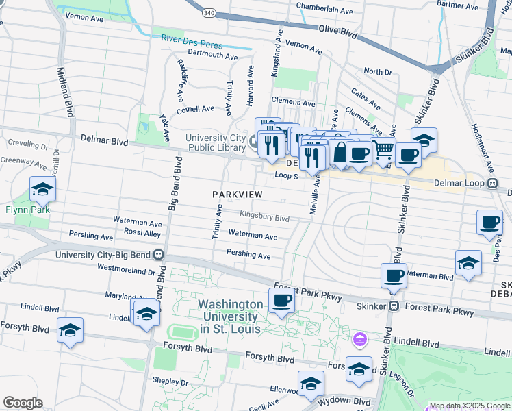 map of restaurants, bars, coffee shops, grocery stores, and more near 6652 Kingsbury Boulevard in University City