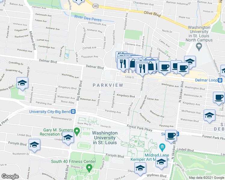 map of restaurants, bars, coffee shops, grocery stores, and more near 6652 Kingsbury Boulevard in University City