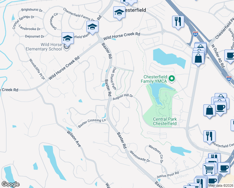 map of restaurants, bars, coffee shops, grocery stores, and more near 695 Stonebrook Court in Chesterfield