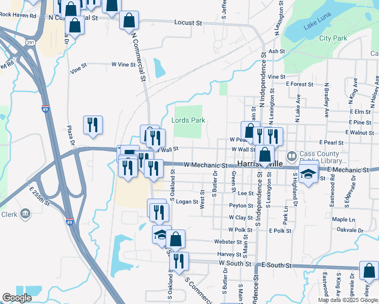 map of restaurants, bars, coffee shops, grocery stores, and more near 706 West Mechanic Street in Harrisonville