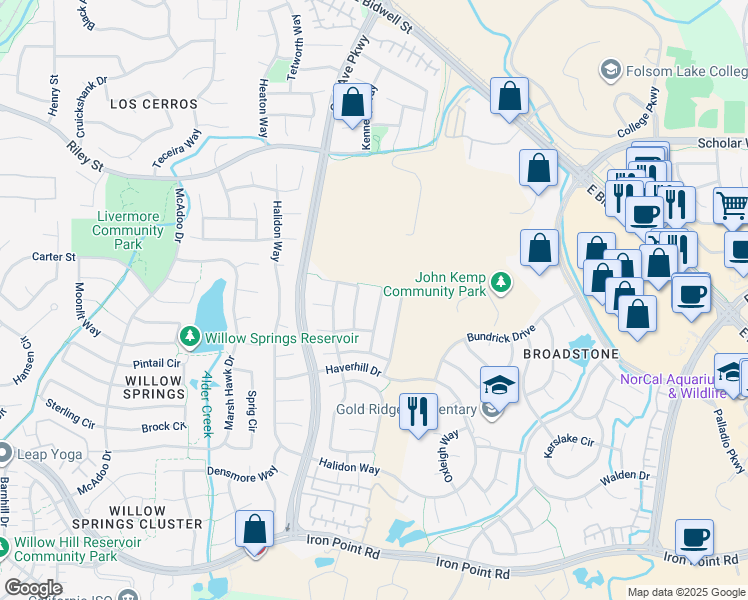 map of restaurants, bars, coffee shops, grocery stores, and more near 1209 Knopfler Circle in Folsom