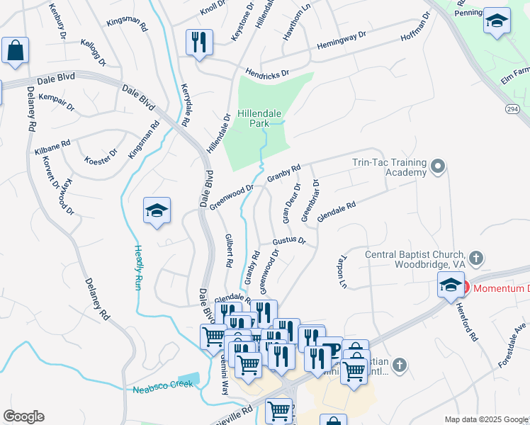 map of restaurants, bars, coffee shops, grocery stores, and more near 13714 Greenwood Dr in Woodbridge