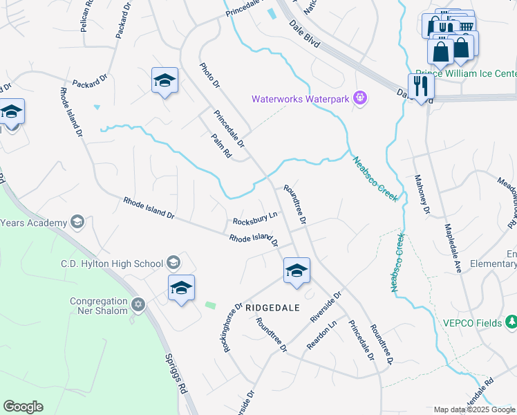 map of restaurants, bars, coffee shops, grocery stores, and more near 13828 Riviera Court in Woodbridge