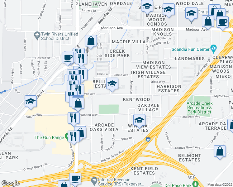 map of restaurants, bars, coffee shops, grocery stores, and more near 3715 Myrtle Avenue in North Highlands