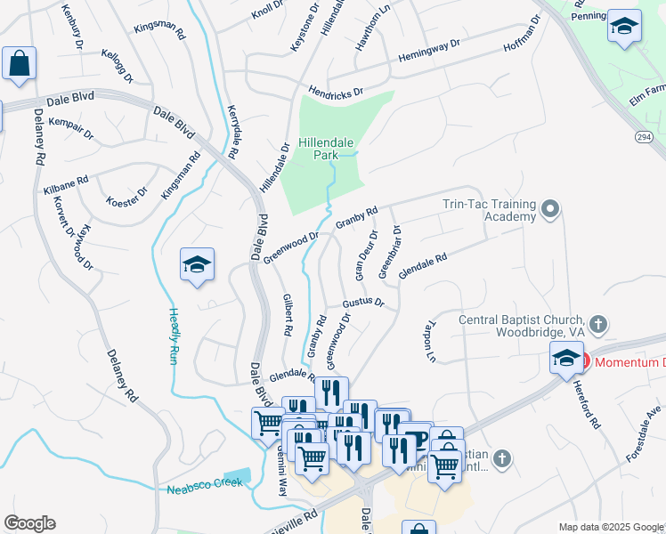 map of restaurants, bars, coffee shops, grocery stores, and more near 13714 Greenwood Dr in Woodbridge