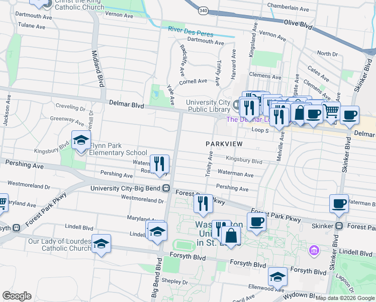 map of restaurants, bars, coffee shops, grocery stores, and more near 6833 Kingsbury Boulevard in Saint Louis