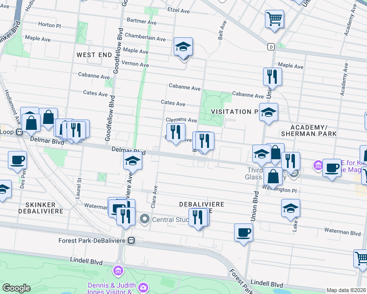 map of restaurants, bars, coffee shops, grocery stores, and more near 5540 Delmar Boulevard in St. Louis