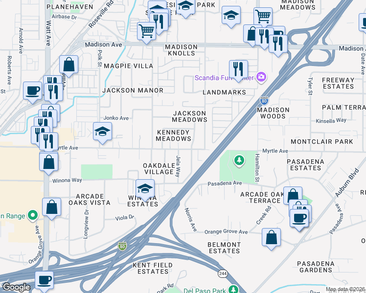 map of restaurants, bars, coffee shops, grocery stores, and more near 4005 Myrtle Avenue in North Highlands