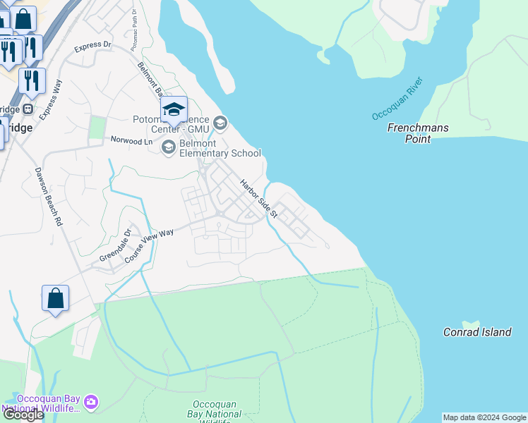 map of restaurants, bars, coffee shops, grocery stores, and more near 552 Marina Landing Lane in Woodbridge