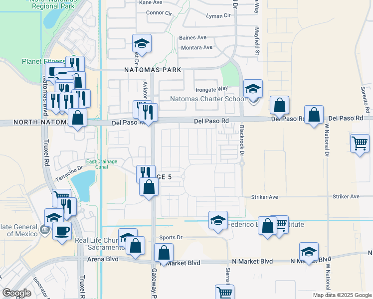map of restaurants, bars, coffee shops, grocery stores, and more near 4509 Maple Crest Street in Sacramento