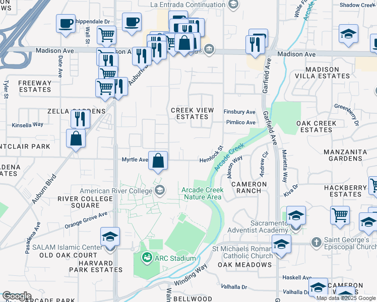 map of restaurants, bars, coffee shops, grocery stores, and more near 6000 Myrtle Avenue in Sacramento