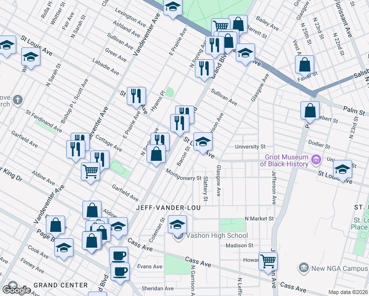 map of restaurants, bars, coffee shops, grocery stores, and more near 2754 Bacon Street in St. Louis