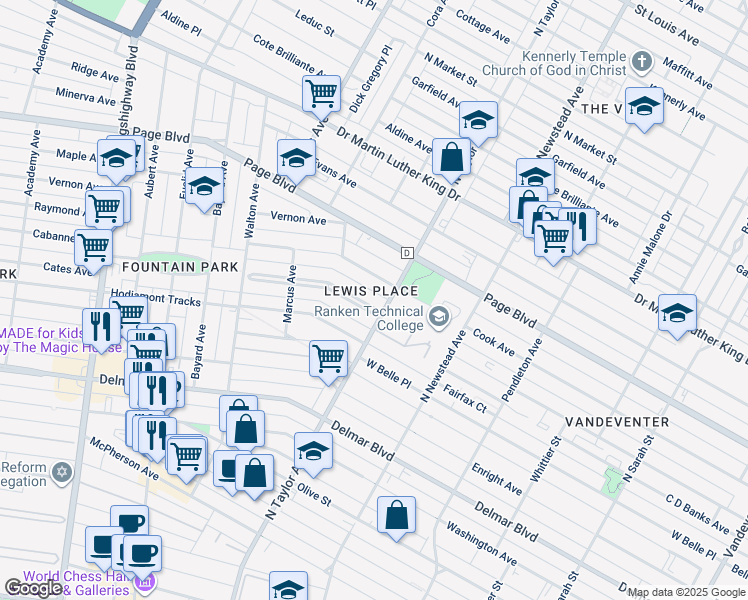 map of restaurants, bars, coffee shops, grocery stores, and more near 8 Lewis Place in St. Louis
