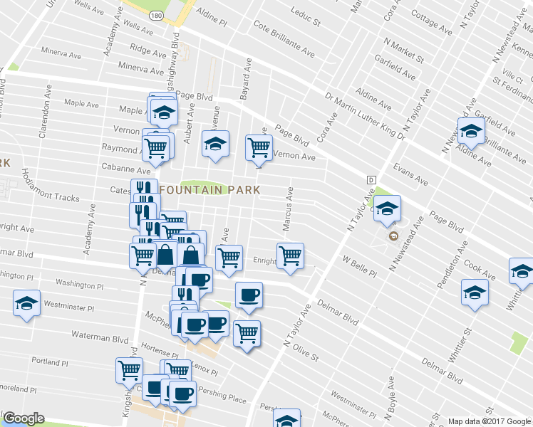 map of restaurants, bars, coffee shops, grocery stores, and more near 4737 Kensington Place in St. Louis