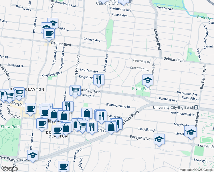 map of restaurants, bars, coffee shops, grocery stores, and more near 7386 Pershing Avenue in St. Louis