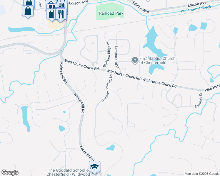 map of restaurants, bars, coffee shops, grocery stores, and more near 1325 Carriage Crossing Lane in Chesterfield