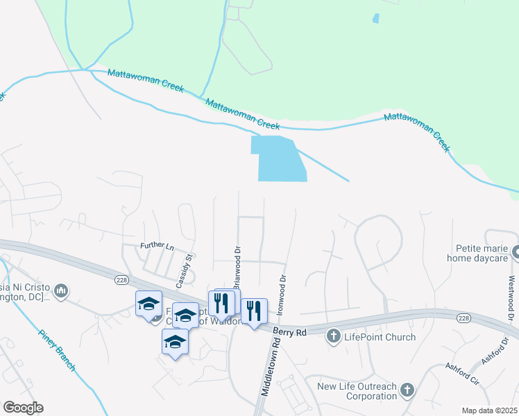 map of restaurants, bars, coffee shops, grocery stores, and more near 2213 Sandalwood Drive in Waldorf