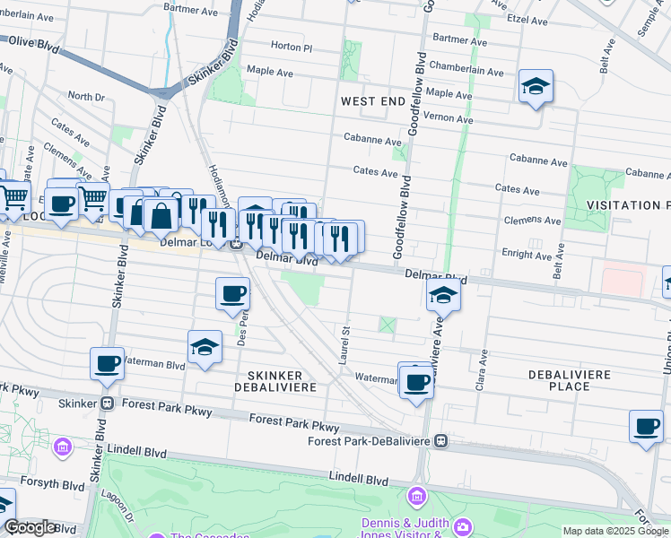 map of restaurants, bars, coffee shops, grocery stores, and more near 5869 Washington Boulevard in St. Louis
