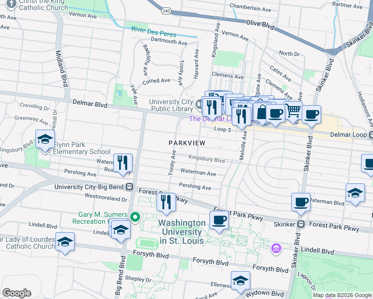 map of restaurants, bars, coffee shops, grocery stores, and more near 6823 Kingsbury Blvd in St Louis