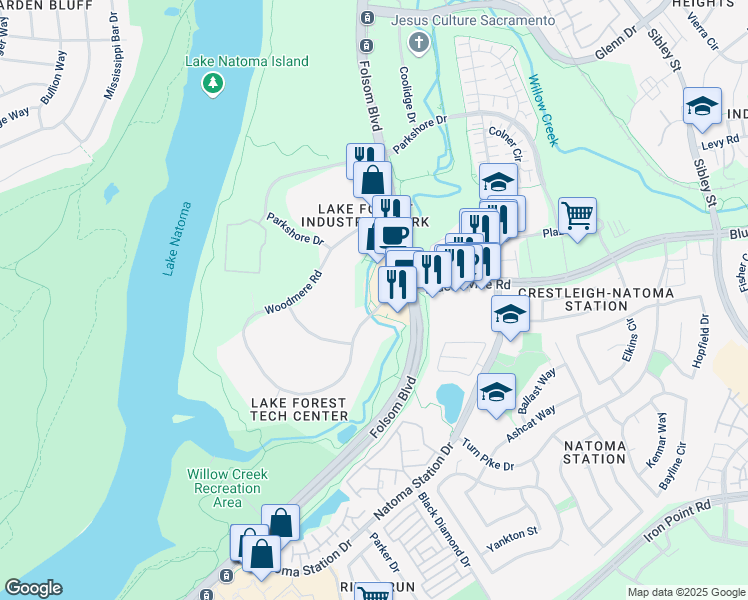 map of restaurants, bars, coffee shops, grocery stores, and more near 183 Blue Ravine Road in Folsom