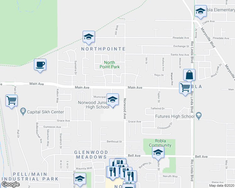map of restaurants, bars, coffee shops, grocery stores, and more near 391 Municipal Drive in Sacramento