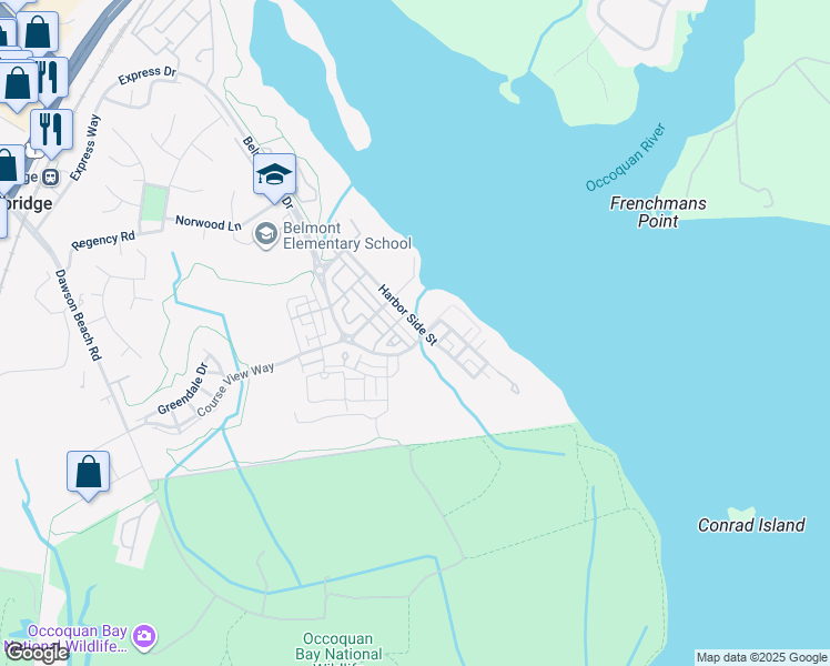 map of restaurants, bars, coffee shops, grocery stores, and more near 554 Marina Landing Lane in Woodbridge