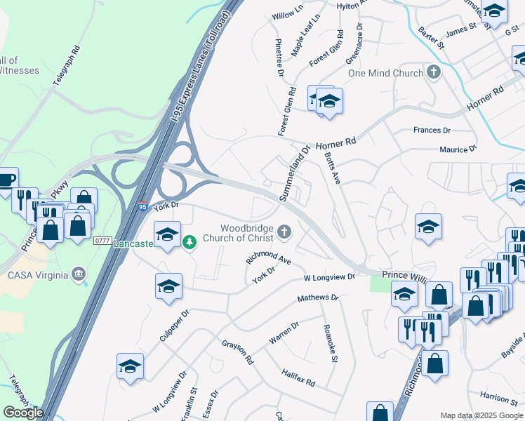 map of restaurants, bars, coffee shops, grocery stores, and more near 13741 Keelingwood Circle in Woodbridge