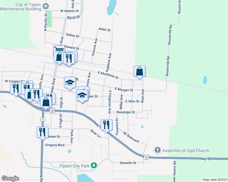 map of restaurants, bars, coffee shops, grocery stores, and more near 419-499 East Ohio Street in Tipton