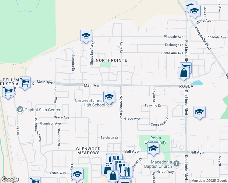 map of restaurants, bars, coffee shops, grocery stores, and more near 391 Municipal Drive in Sacramento