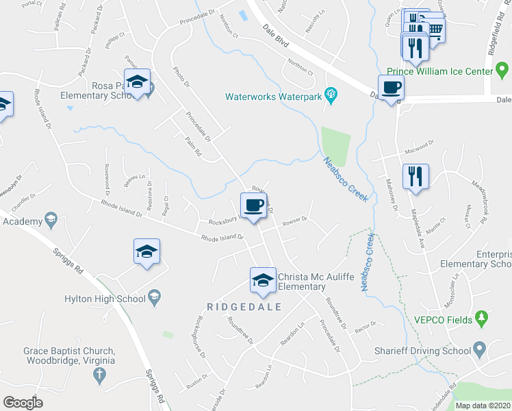 map of restaurants, bars, coffee shops, grocery stores, and more near 13503 Princedale Drive in Woodbridge