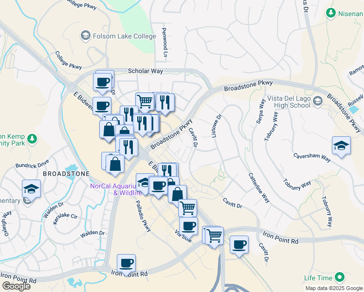 map of restaurants, bars, coffee shops, grocery stores, and more near 1550 Broadstone Parkway in Folsom