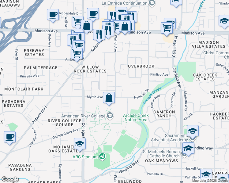 map of restaurants, bars, coffee shops, grocery stores, and more near 4938 Walnut Avenue in Sacramento