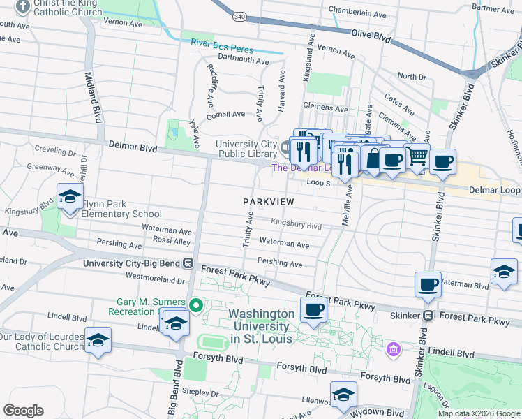 map of restaurants, bars, coffee shops, grocery stores, and more near 6833 Kingsbury Boulevard in Saint Louis