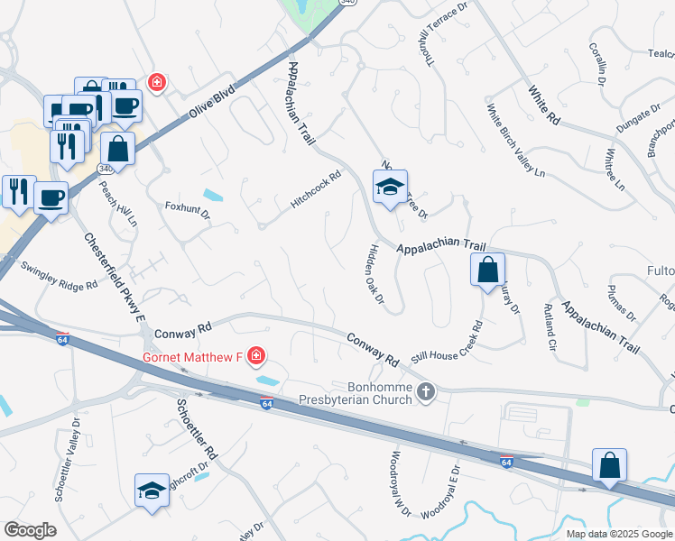 map of restaurants, bars, coffee shops, grocery stores, and more near 1159 Richland Drive in Chesterfield