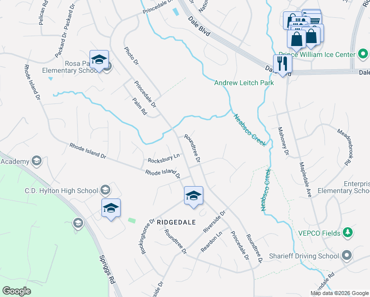 map of restaurants, bars, coffee shops, grocery stores, and more near 13503 Princedale Drive in Woodbridge