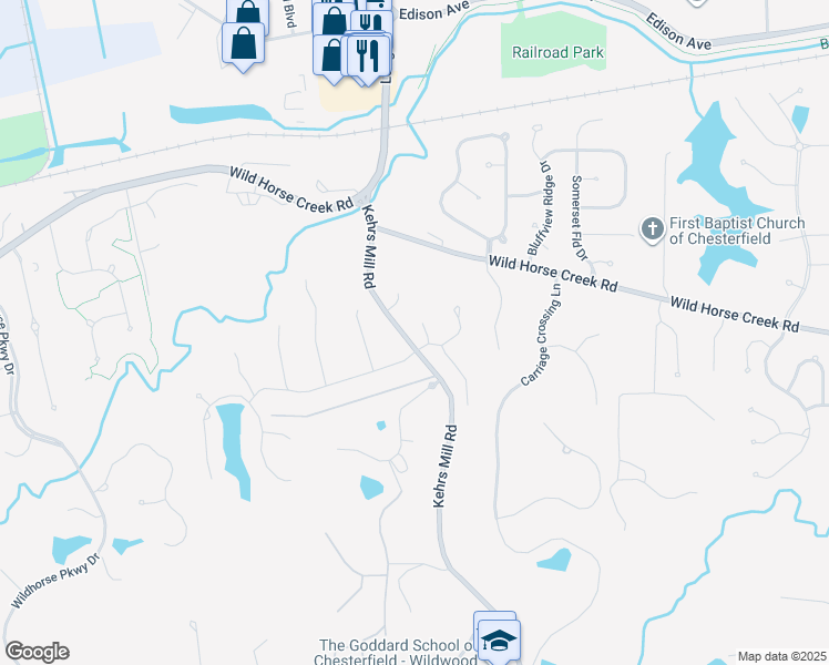 map of restaurants, bars, coffee shops, grocery stores, and more near 1300 Windgate Way Court in Chesterfield
