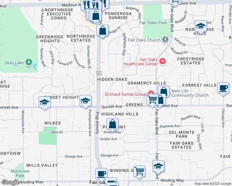 map of restaurants, bars, coffee shops, grocery stores, and more near 4800 Sunset Terrace in Fair Oaks