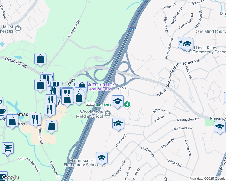 map of restaurants, bars, coffee shops, grocery stores, and more near 2312 York Drive in Woodbridge