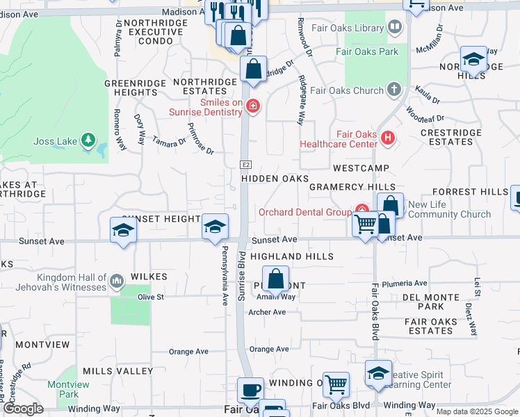 map of restaurants, bars, coffee shops, grocery stores, and more near 4838 Suncrest Way in Fair Oaks