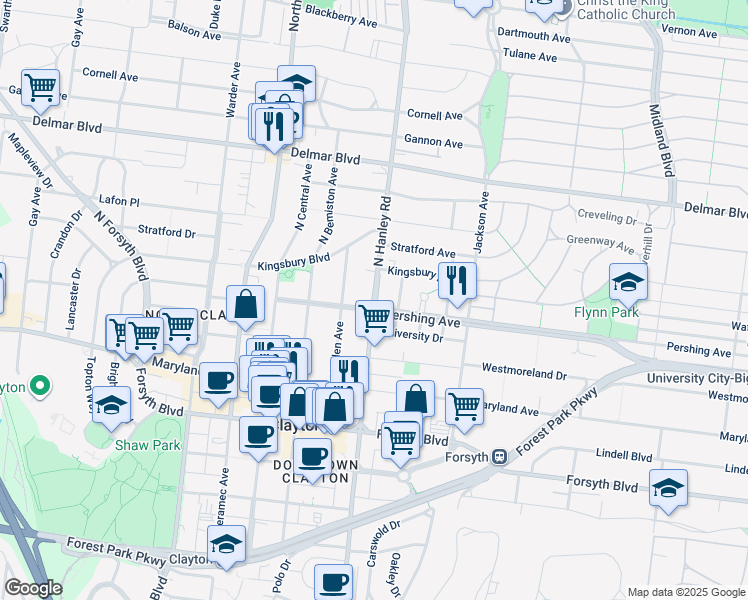 map of restaurants, bars, coffee shops, grocery stores, and more near 422 North Hanley Road in University City
