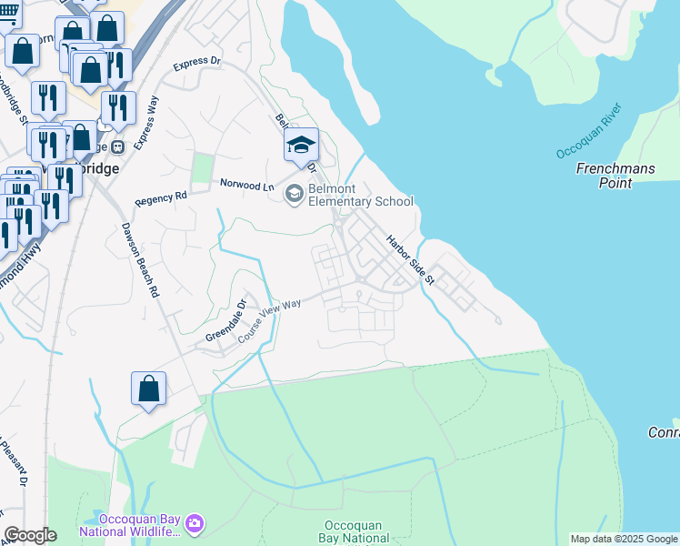 map of restaurants, bars, coffee shops, grocery stores, and more near 702 Vestal Street in Woodbridge
