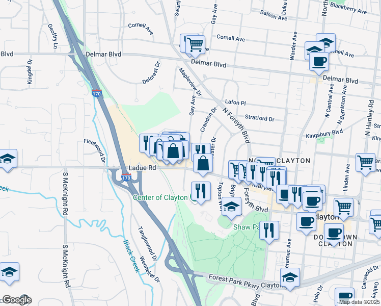 map of restaurants, bars, coffee shops, grocery stores, and more near 8405 University Drive in Clayton