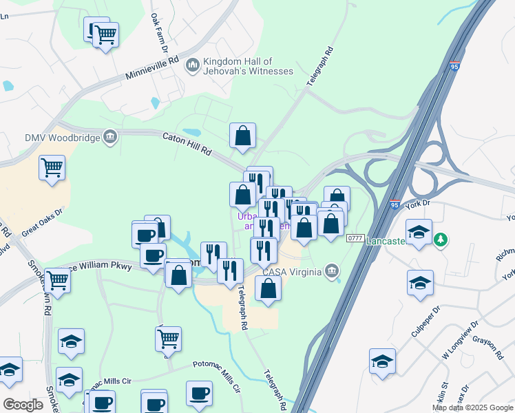 map of restaurants, bars, coffee shops, grocery stores, and more near 2460 Prince William Parkway in Woodbridge