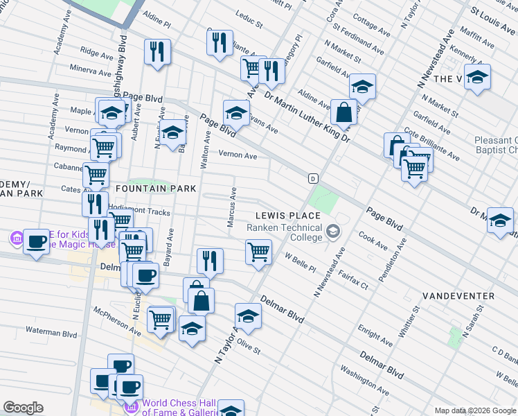 map of restaurants, bars, coffee shops, grocery stores, and more near 35 Lewis Place in St. Louis