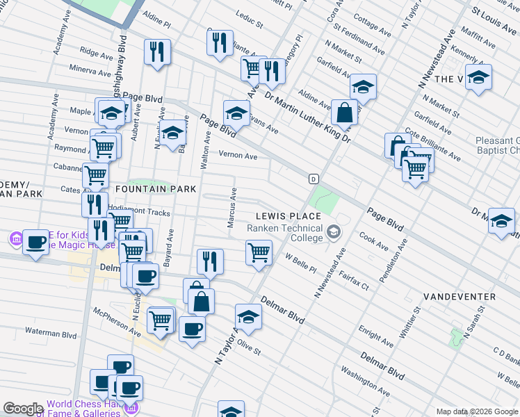 map of restaurants, bars, coffee shops, grocery stores, and more near 35 Lewis Place in St. Louis