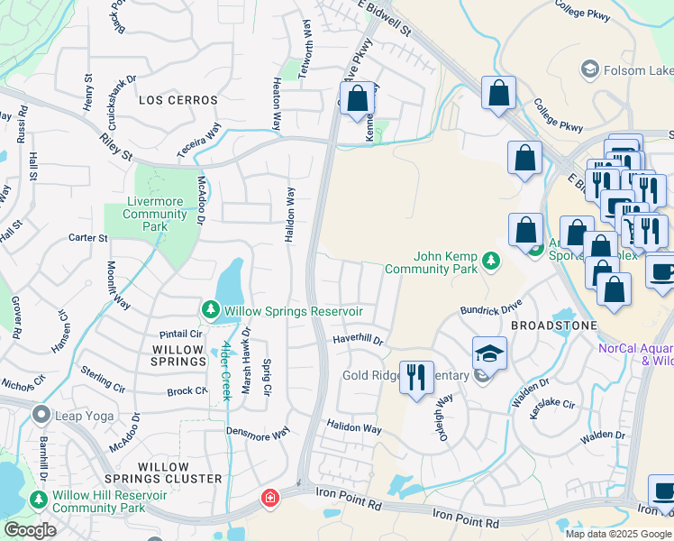 map of restaurants, bars, coffee shops, grocery stores, and more near 1216 Newmark Way in Folsom