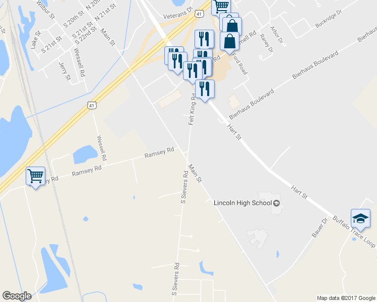 map of restaurants, bars, coffee shops, grocery stores, and more near 413 Felt King Road in Vincennes