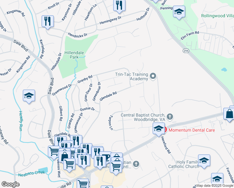 map of restaurants, bars, coffee shops, grocery stores, and more near 4119 Glendale Road in Woodbridge
