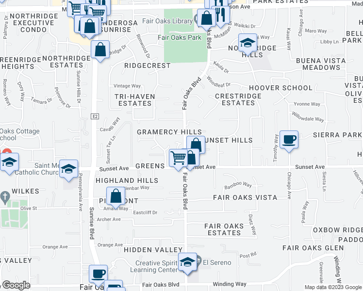 map of restaurants, bars, coffee shops, grocery stores, and more near 8033 Jaden Lane in Fair Oaks